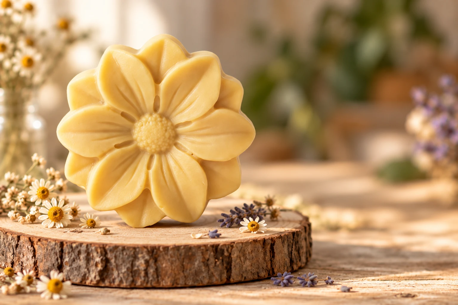 Sabonete amarelo em formato de flor apoiado numa fatia de tronco entre camomilas.