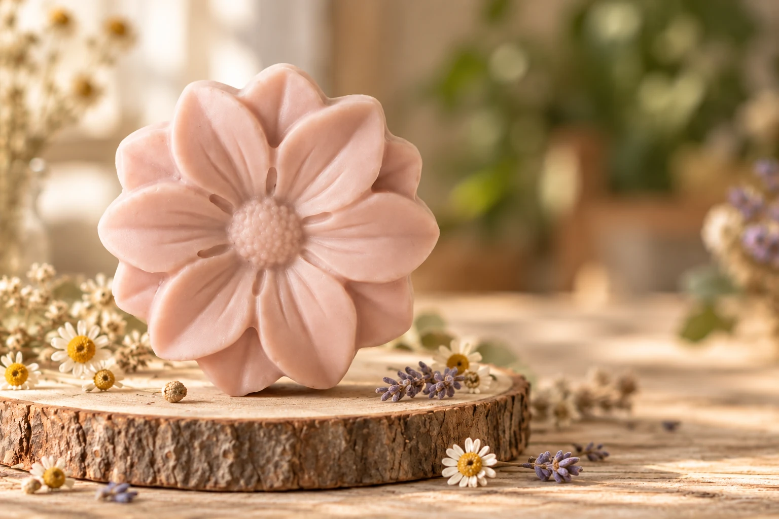 Sabonete rosa em formato de flor, de argila rosa, apoiado numa fatia de tronco entre camomilas.