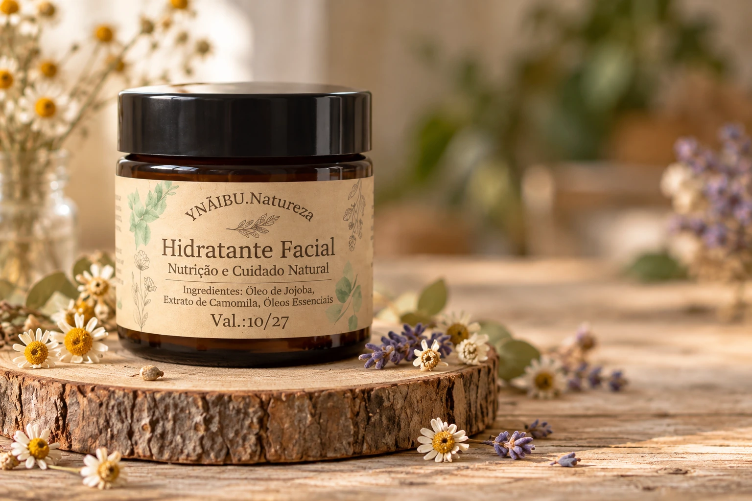 Pote de vidro âmbar do Hidratante Facial, com rótulo kraft, sobre uma fatia de tronco entre camomilas e lavanda secas.