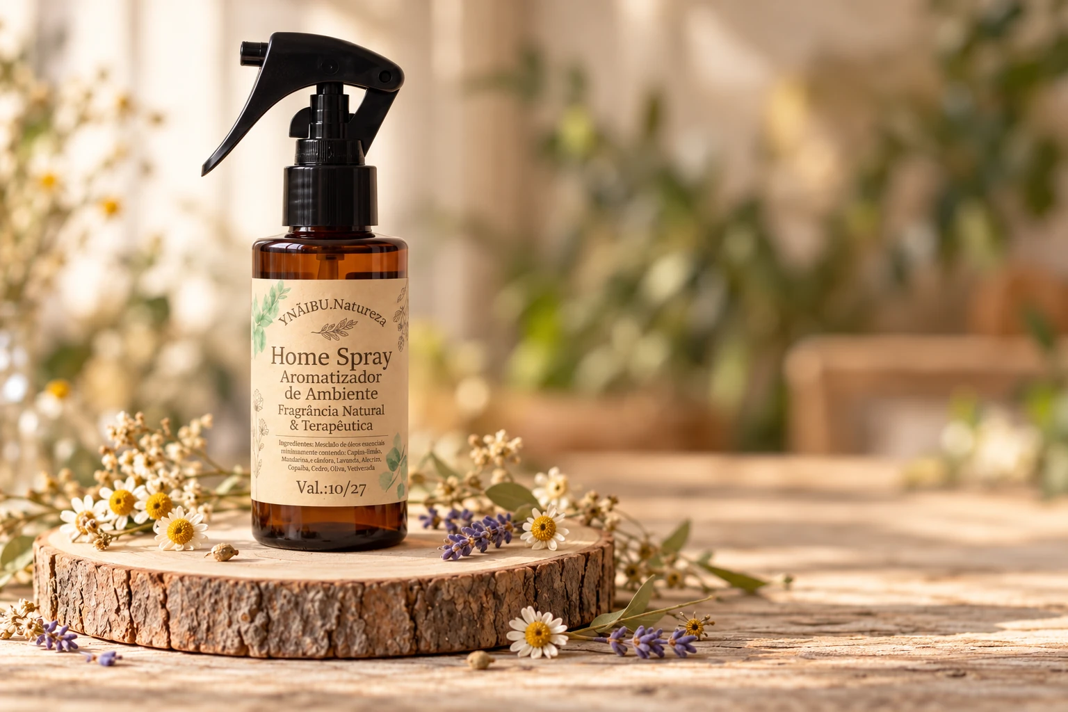 Borrifador âmbar do Home Spray Aromatizador sobre uma fatia de tronco com flores secas.